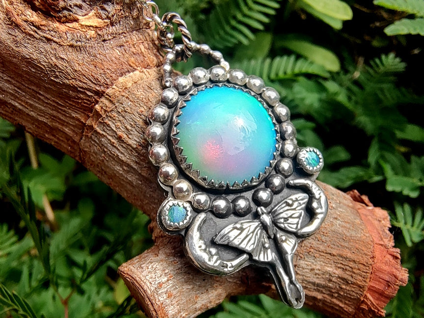 Luna Moth Aurora Opal Necklace | Handmade Sterling Jewelry | ValenwoodVixen