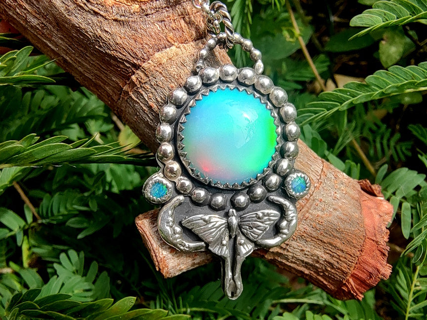 Luna Moth Aurora Opal Necklace | Handmade Sterling Jewelry