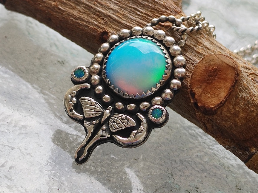 Luna Moth Aurora Opal Necklace | Handmade Sterling Jewelry | ValenwoodVixen
