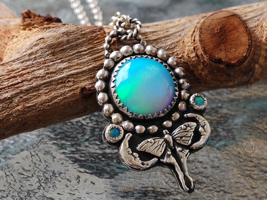 Luna Moth Aurora Opal Necklace | Handmade Sterling Jewelry | ValenwoodVixen