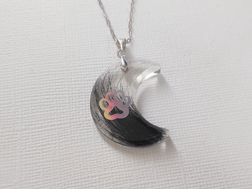 Moon and Paw Print Keepsake Necklace with Fur | Custom Memorial Jewelry