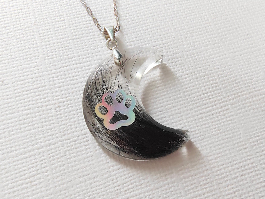 Moon and Paw Print Keepsake Necklace with Fur | Custom Memorial Jewelry