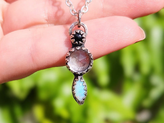 Rose Cute Quartz, Onyx, Genuine Opal Necklace - Handmade - silversmithed - Ready to Ship - ValenwoodVixen