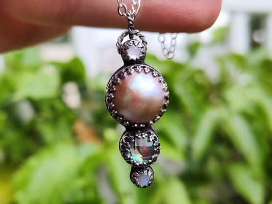 Mermaiden Necklace - Mabe Pearl, Abalone, Mother of Pearl - Handmade - silversmithed - Ready to Ship - ValenwoodVixen