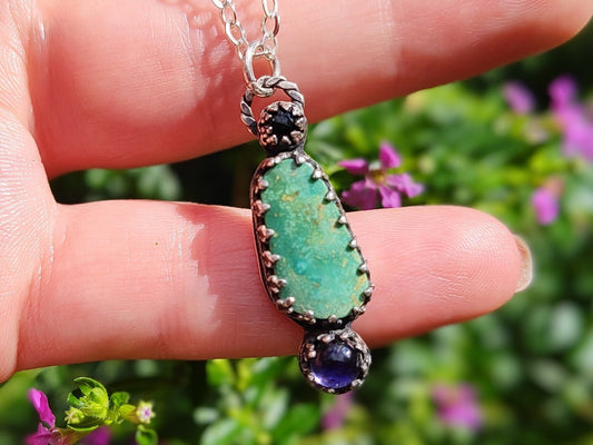 Turquoise, Amethyst, Onyx Pendant - Handmade - silversmithed - Ready to Ship - ValenwoodVixen