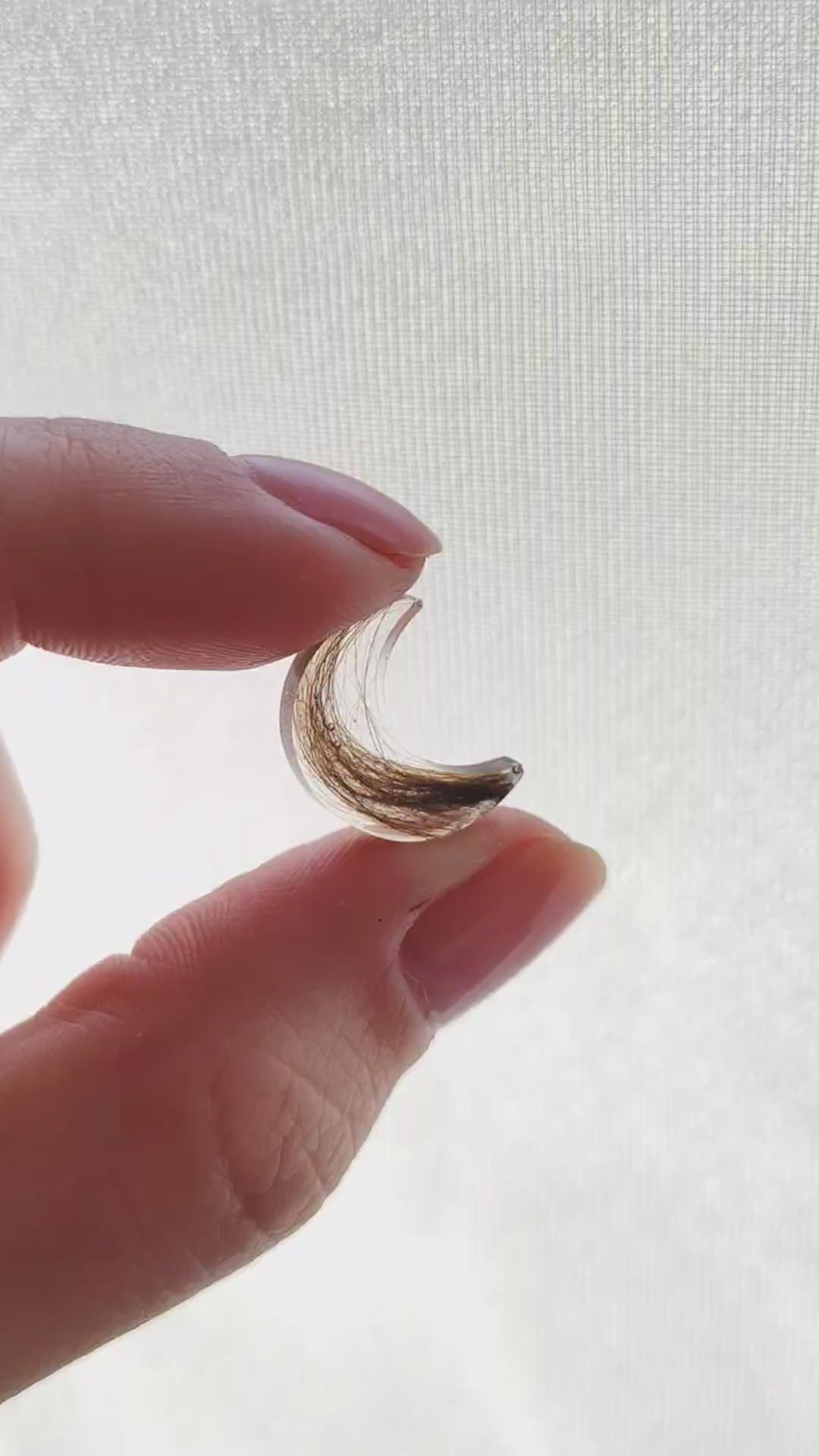 A small moon shaped hair keepsake being rotated between two fingers.