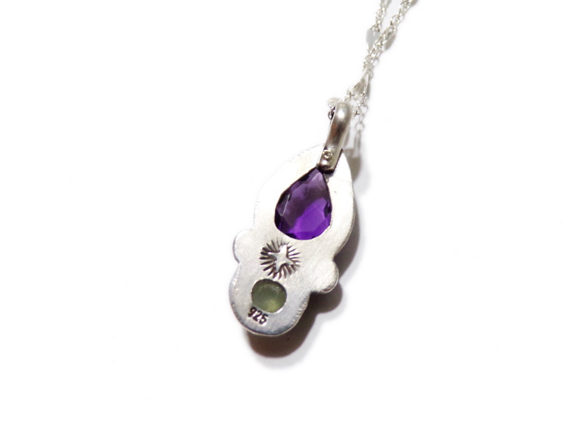 Peaceful Protection Pendant - Amethyst and Prehnite with Opals - Handmade - silversmithed - Ready to Ship - ValenwoodVixen