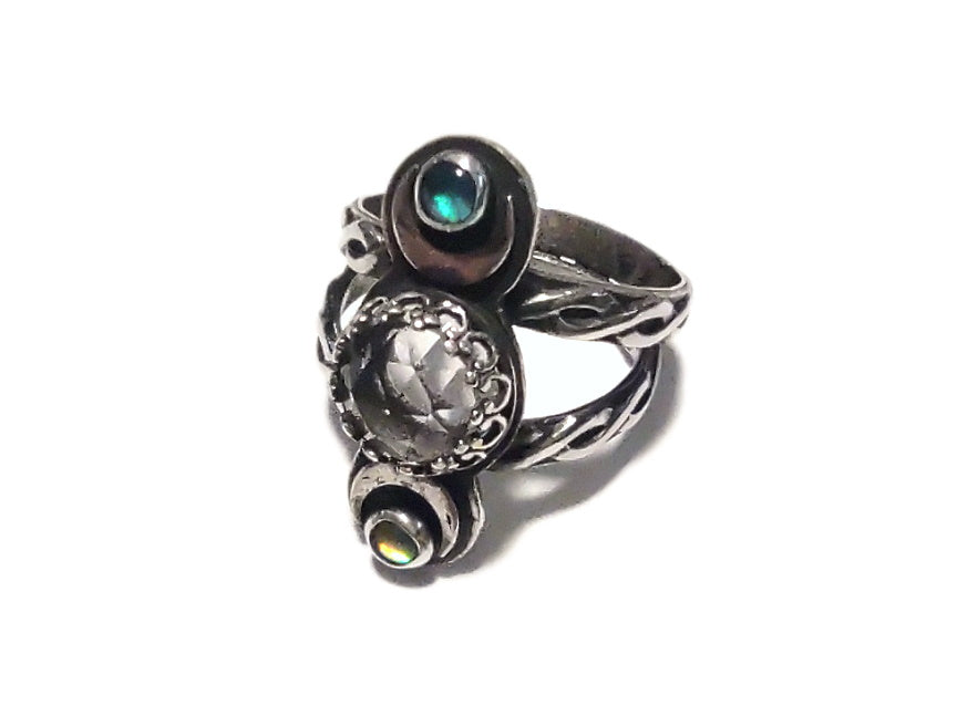 Celestial Phases Ring - Rosecut Quartz and Opals - sz 6 - Handmade Ring - Sterling Silver- Quartz and  Opal - ValenwoodVixen - Ready to Ship