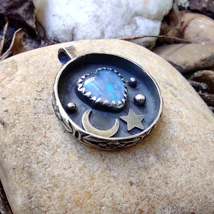 Sweetest Dreams Pendant - Opal and Sterling Silver - Moon & Star - Handmade - silversmithed - Ready to Ship - ValenwoodVixen
