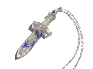 She is Mightier - Cornflower, Rose Quartz, Opal Sword Necklace - Handcrafted Resin - Nature Jewelry - Valenwood Vixen