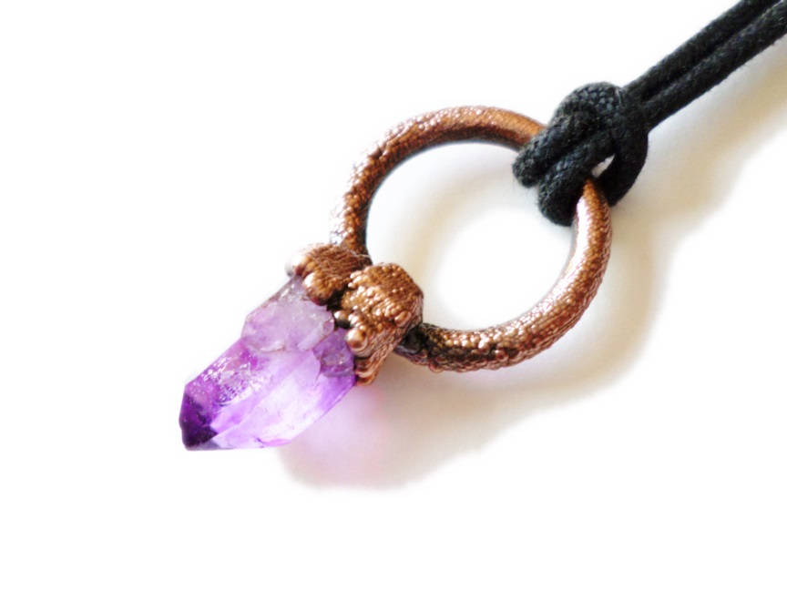 Tiny Crystal Drop Pendant - Amethyst and Copper Growth- Electroformed Jewelry - Raw Copper - Crystal Point- ValenwoodVixen - Ready to Ship