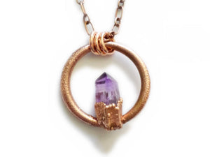 Amethyst Point Full Moon Pendant - Amethyst & Copper Electroformed - Raw Copper - Ready to Ship