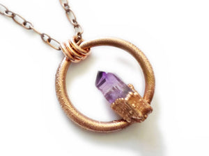 Amethyst Point Full Moon Pendant - Amethyst & Copper Electroformed - Raw Copper - Ready to Ship