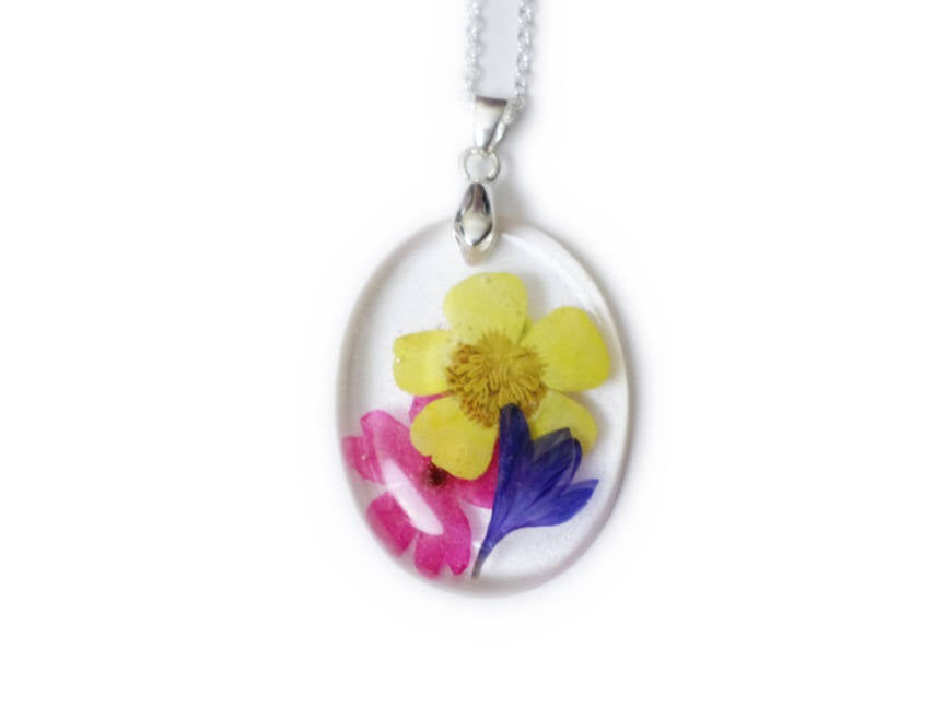 Colorful Flower Resin Necklace - Nature - Real Flowers - Nature Jewelry - Verbena, Daisy- Valenwood Vixen - Ready to Ship