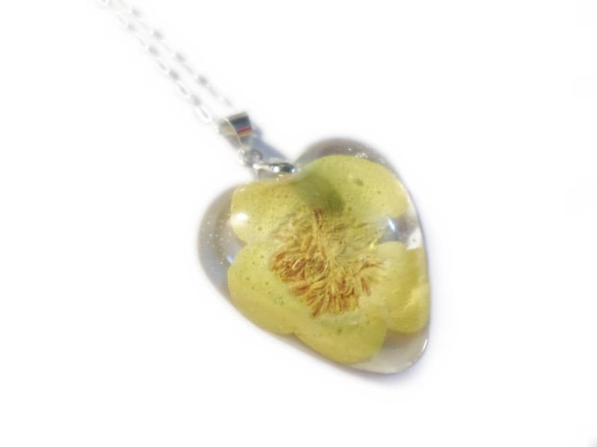 Yellow Buttercup Heart Necklace- Resin Necklace - Real Dried Flower - Nature Jewelry - Valenwood Vixen - Ready to Ship