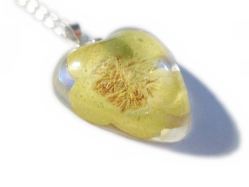 Yellow Buttercup Heart Necklace- Resin Necklace - Real Dried Flower - Nature Jewelry - Valenwood Vixen - Ready to Ship