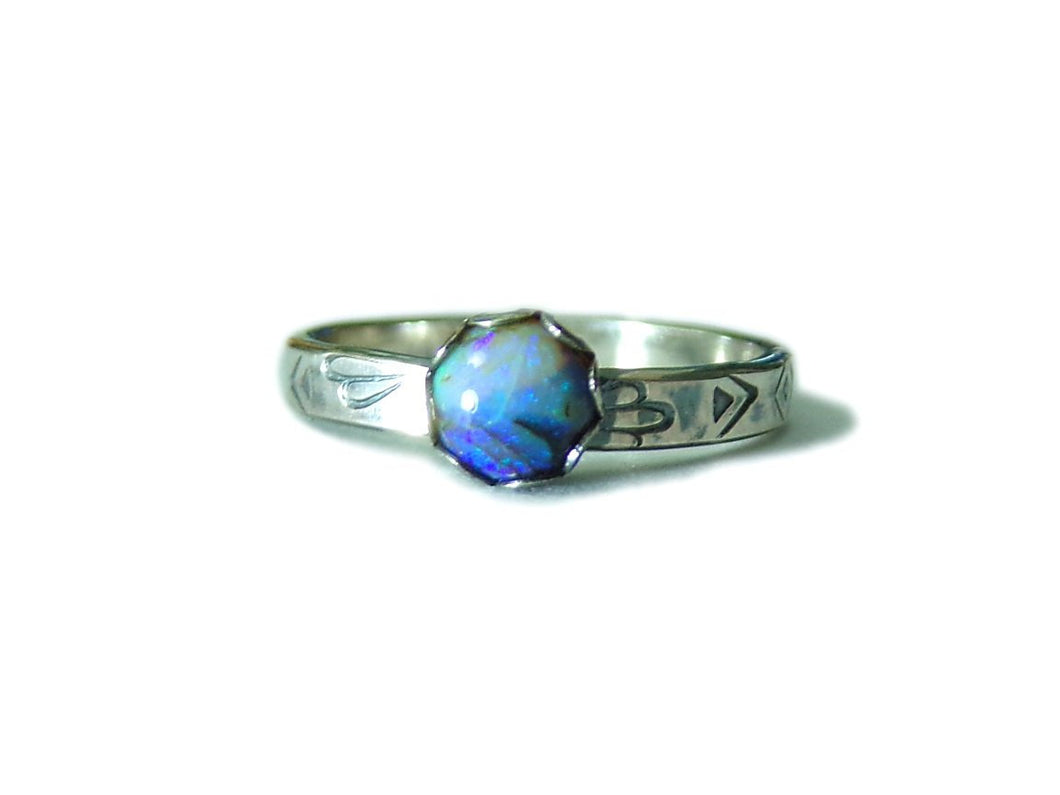 Hand Stamped Sterling Opal Ring - sz 6.75- Blue- -Stacking RIng -  sterling silver- Opal Jewelry - ValenwoodVixen - Ready to Ship