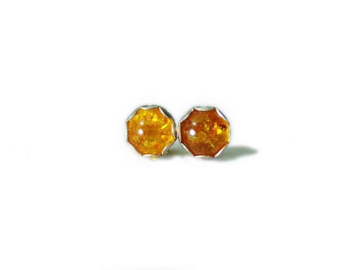 6mm Amber Studs- Sterling SIlver -  Handmade - Ready to Ship