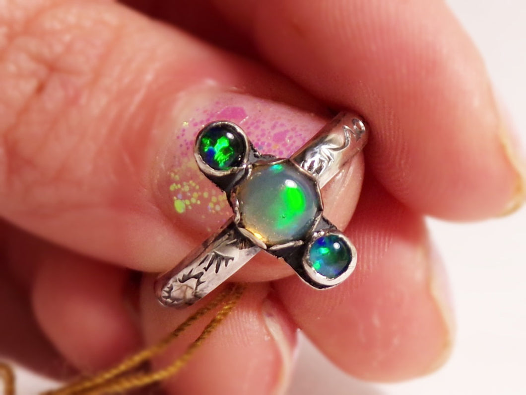 Triple Opal Single Band Ring - sz 7 - Celestial Patterns - sterling silver- Opal Jewelry - ValenwoodVixen - Ready to Ship
