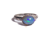 Load image into Gallery viewer, Welo Opal Moon Ring - sz 6.5 - Celestial Patterns - Crescent Moon- Stacking RIng - sterling - Opal Jewelry - ValenwoodVixen - Ready to Ship
