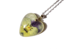 Load image into Gallery viewer, Pansy Necklace - Real Flower Necklace - Pansy in Yellow, white &amp; purple- Flower Pendant - Silver Flower Necklace - Heart - ValenwoodVixen
