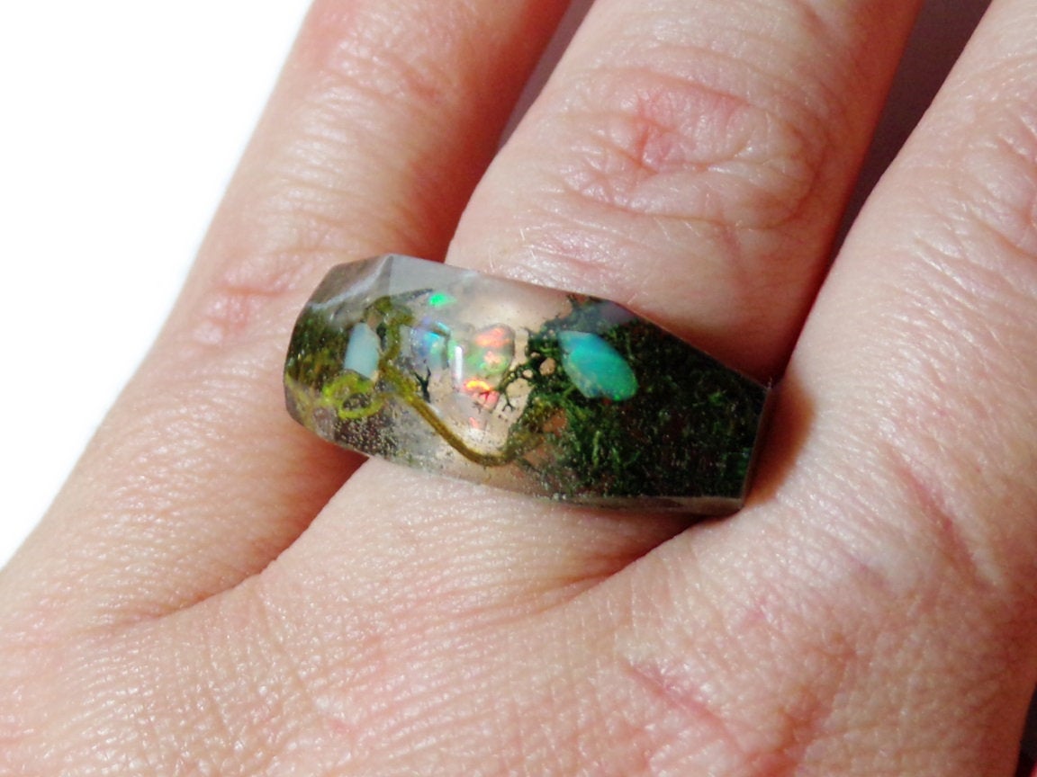 Chunky Ring- size 6 -  Resin with Dried Moss, opal chips - Green Earthy- Botanical Jewelry - ValenwoodVixen - Made to Order