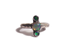 Load image into Gallery viewer, Triple Opal Single Band Ring - sz 7 - Celestial Patterns - sterling silver- Opal Jewelry - ValenwoodVixen - Ready to Ship
