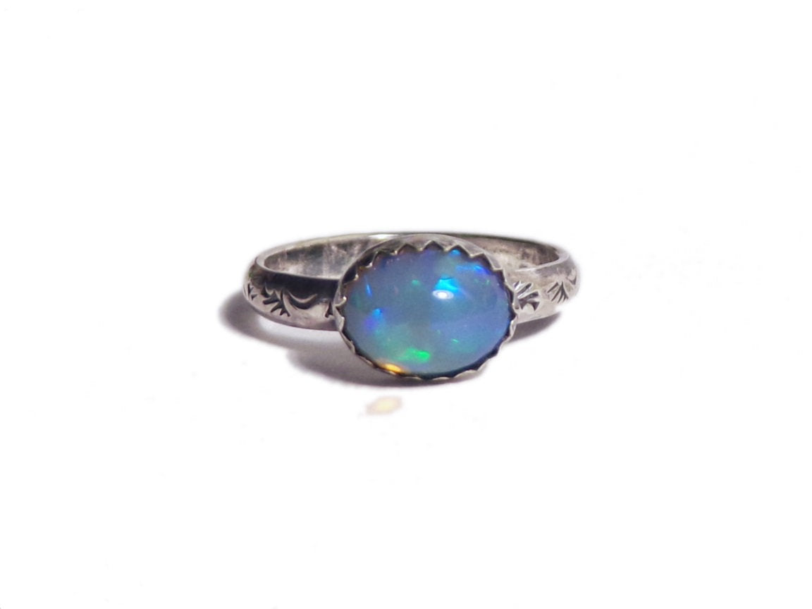 Welo Opal Moon Ring - sz 6.5 - Celestial Patterns - Crescent Moon- Stacking RIng - sterling - Opal Jewelry - ValenwoodVixen - Ready to Ship
