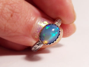 Welo Opal Moon Ring - sz 6.5 - Celestial Patterns - Crescent Moon- Stacking RIng - sterling - Opal Jewelry - ValenwoodVixen - Ready to Ship