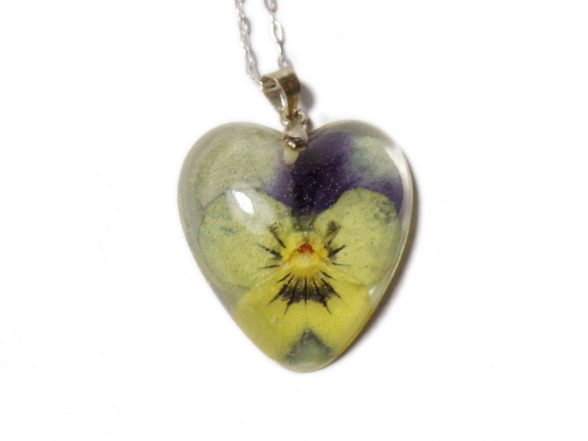 Pansy Necklace - Real Flower Necklace - Pansy in Yellow, white & purple- Flower Pendant - Silver Flower Necklace - Heart - ValenwoodVixen