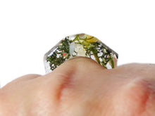 Load image into Gallery viewer, Chunky Ring- size 6 -  Resin with Dried Moss, opal chips - Green Earthy- Botanical Jewelry - ValenwoodVixen - Made to Order
