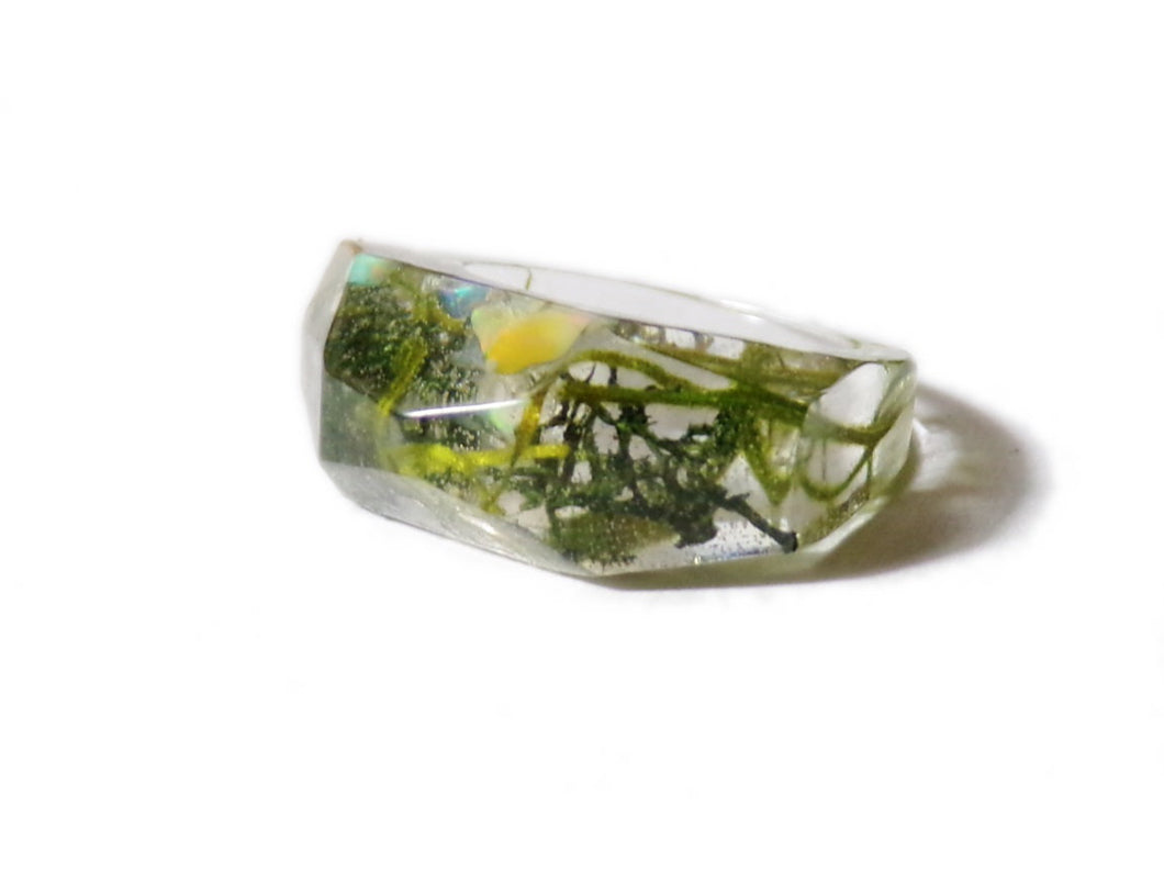 Chunky Ring- size 6 -  Resin with Dried Moss, opal chips - Green Earthy- Botanical Jewelry - ValenwoodVixen - Made to Order