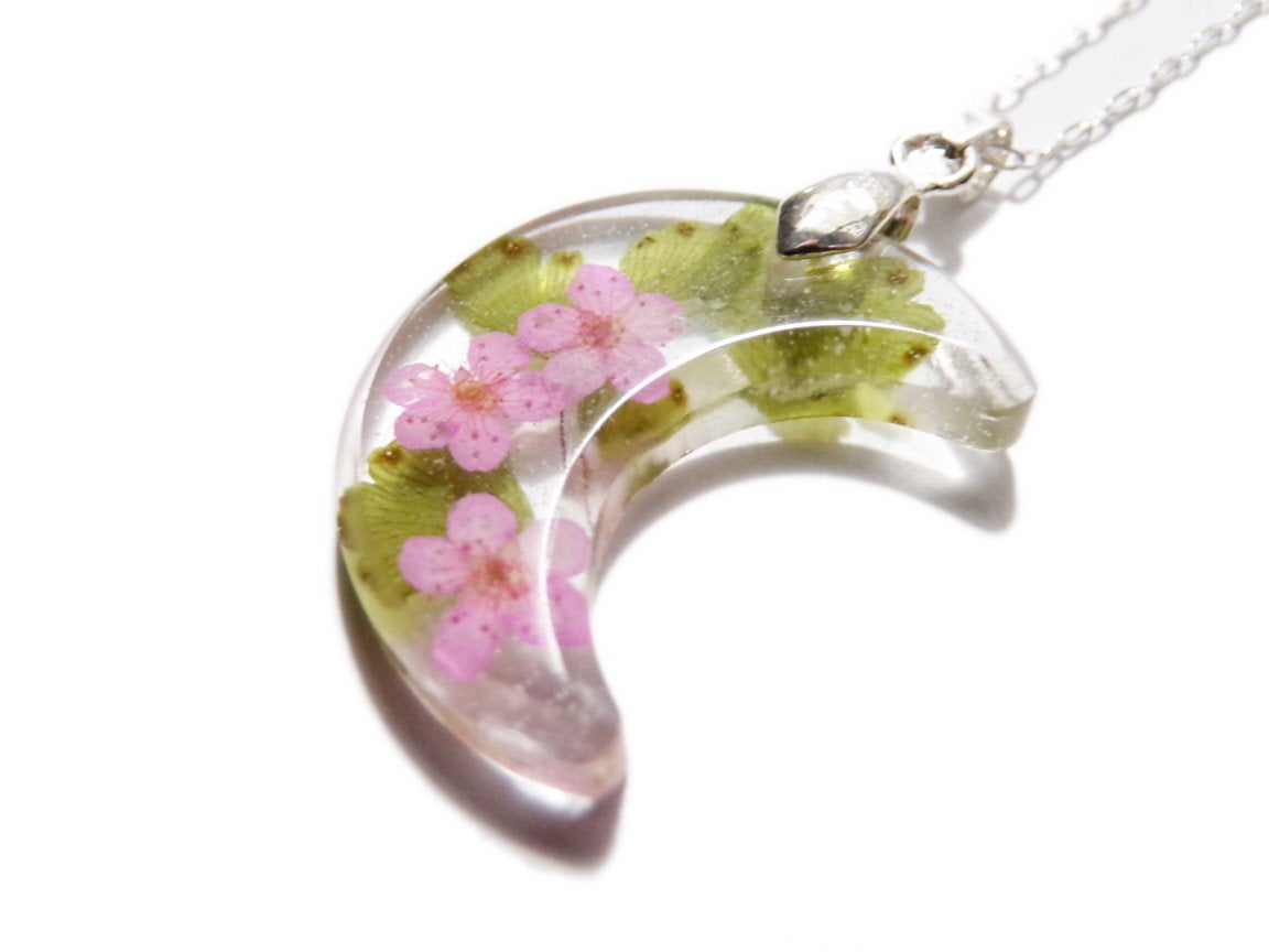 Fern and Flower Crescent Moon - Maidenhair Fern and Pink Blossoms- Celestial Jewelry- Luna - Pink Green - ValenwoodVixen - Ready to Ship