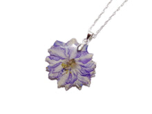 Load image into Gallery viewer, Pressed Larkspur Perwinkle and White Flower Necklace - Larkspur Delphinium - Real Flower - Nature Gift - Preserved Flower - ValenwoodVixen
