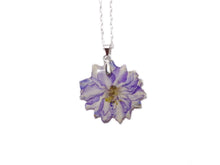 Load image into Gallery viewer, Pressed Larkspur Perwinkle and White Flower Necklace - Larkspur Delphinium - Real Flower - Nature Gift - Preserved Flower - ValenwoodVixen
