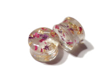 Load image into Gallery viewer, Blossoming Ear Plugs - Ear Tunnels - Choose your size - Handmade Body Jewelry - Flowers - Gold Flake -  ValenwoodVixen - Ready to Ship
