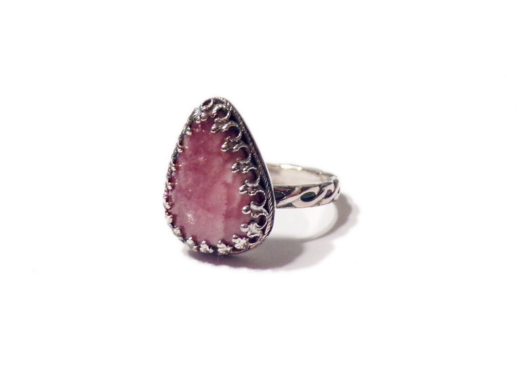 Rhodochrosite Solitaire - sz 7.25 - Pink Ring  - Pear shaped- Crystal Jewelry - Sterling Silver - Ready to ship - ValenwoodVixen