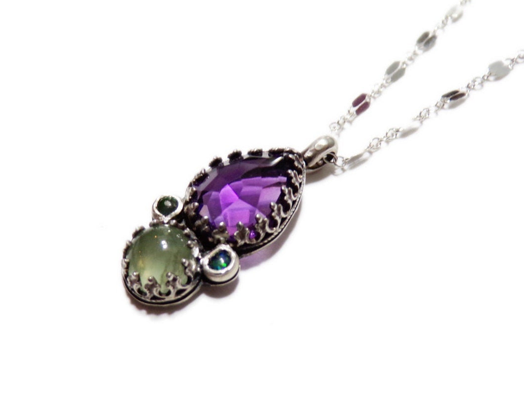 Peaceful Protection Pendant - Amethyst and Prehnite with Opals - Handmade - silversmithed - Ready to Ship - ValenwoodVixen