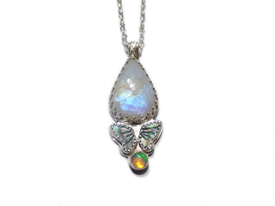 Starlight Butterfly - Rainbow Moonstone and Opal with abalone butterfly - Handmade - silversmithed - ValenwoodVixen