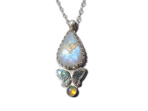 Starlight Butterfly - Rainbow Moonstone and Opal with abalone butterfly - Handmade - silversmithed - ValenwoodVixen