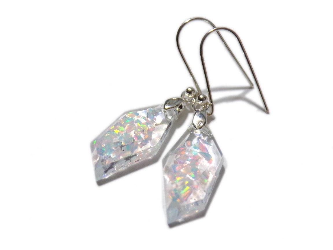 Faceted Crushed Opal Earrings - Modern Earrings - crushed opal in clear resin - Ready to Ship - ValenwoodVixen