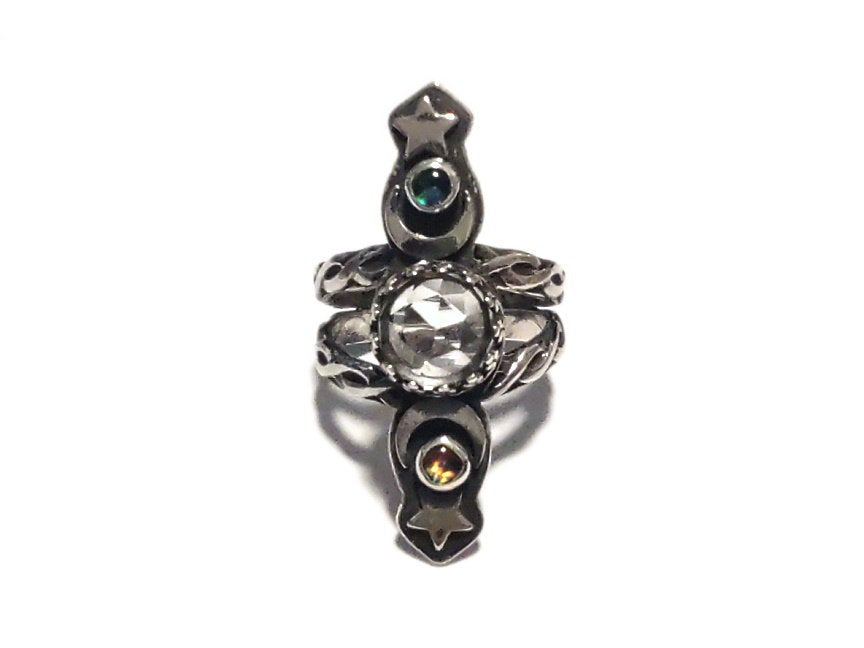Celestial Phases Ring - Rosecut Quartz and Opals - sz 6.5 - Handmade - Sterling Silver- Quartz and  Opal - ValenwoodVixen - Ready to Ship