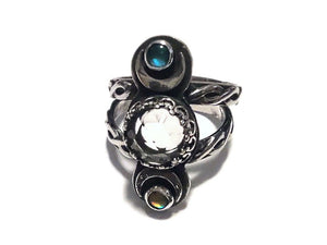 Celestial Phases Ring - Rosecut Quartz and Opals - sz 6 - Handmade Ring - Sterling Silver- Quartz and  Opal - ValenwoodVixen - Ready to Ship