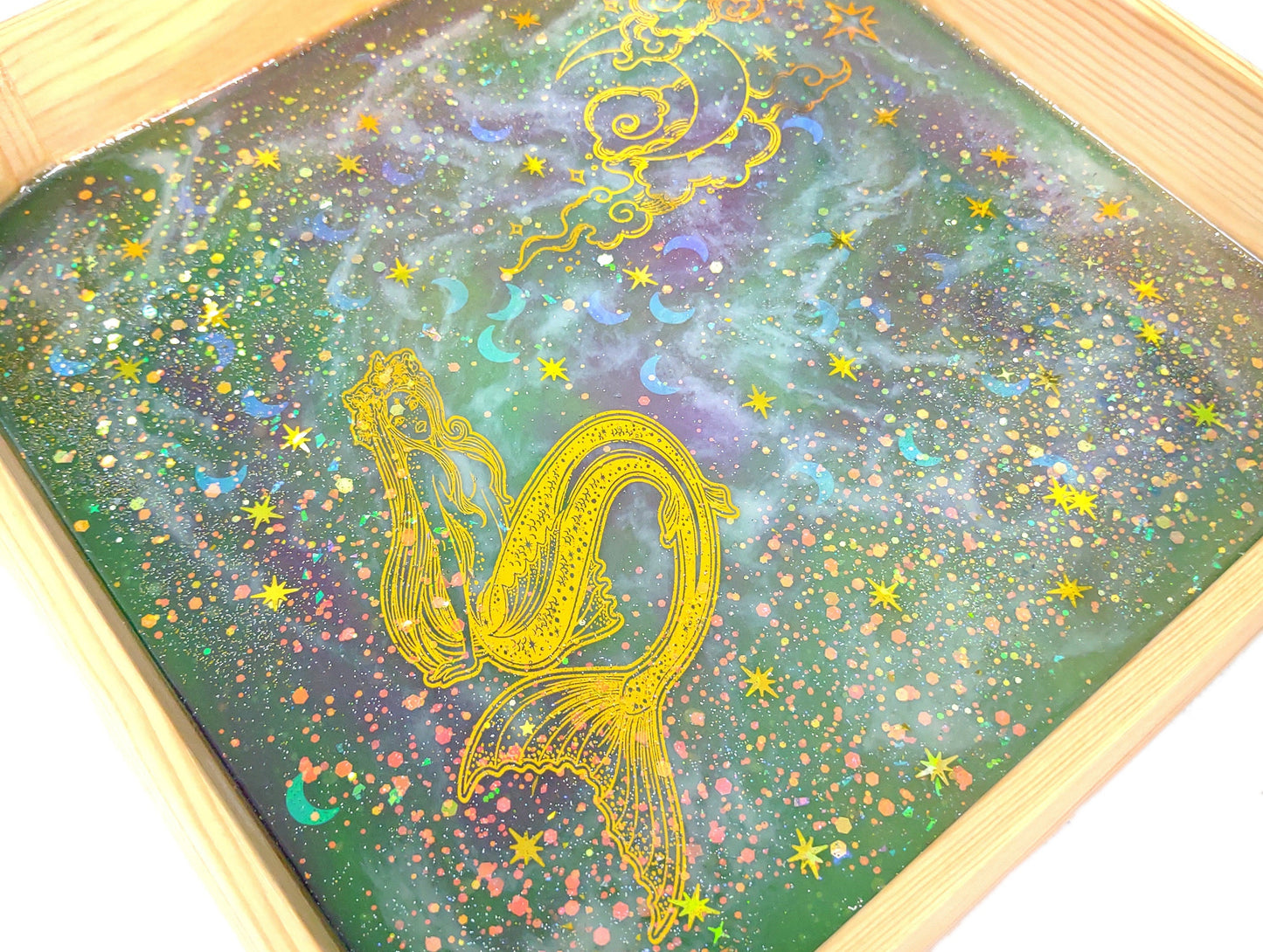 Midnight Mermaid Tray - Wood & Resin - 10x10- Handcrafted, Unique gift, Dice Tray, Home Decor- Resin Art -  ValenwoodVixen - Ready to Ship