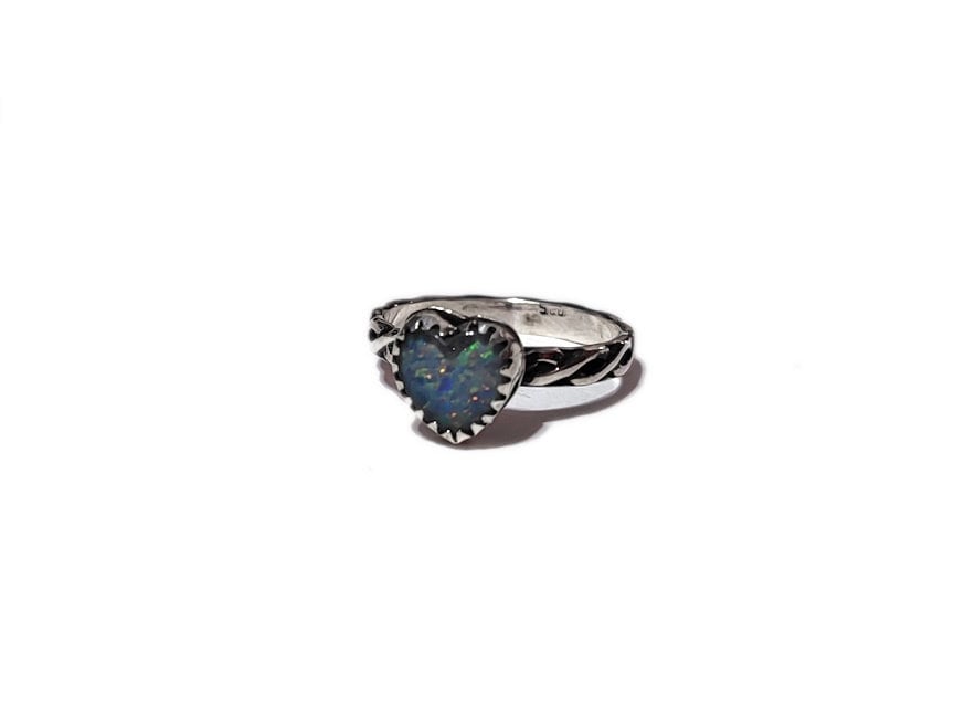 Opal Heart Ring- size 7  - Opal triplet & sterling silver handcrafted ring- Opal Jewelry - ValenwoodVixen - Ready to Ship