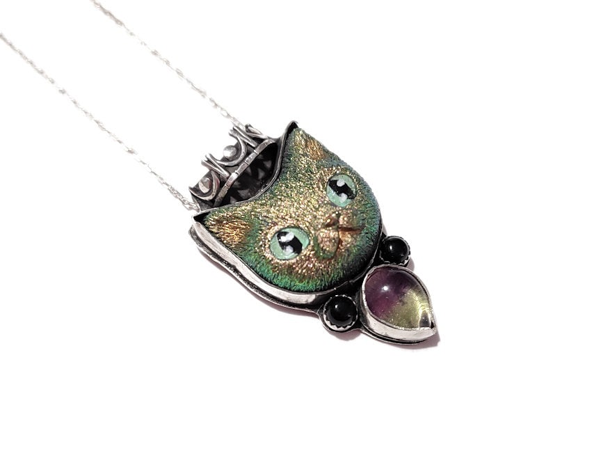 Kitty Queen Necklace - Handpainted Resin Fluorite Obsidian - Handmade - silversmithed - Ready to Ship - ValenwoodVixen